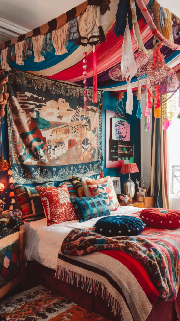 an eclectic maximalist bedroom with nautical and parisian styles 