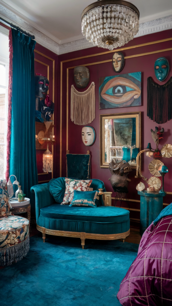 an eclectic maximalist bedroom with nautical and parisian styles 