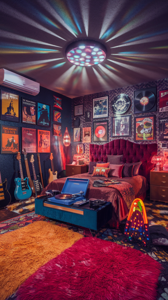 an eclectic maximalist bedroom with 70's and 80's styles