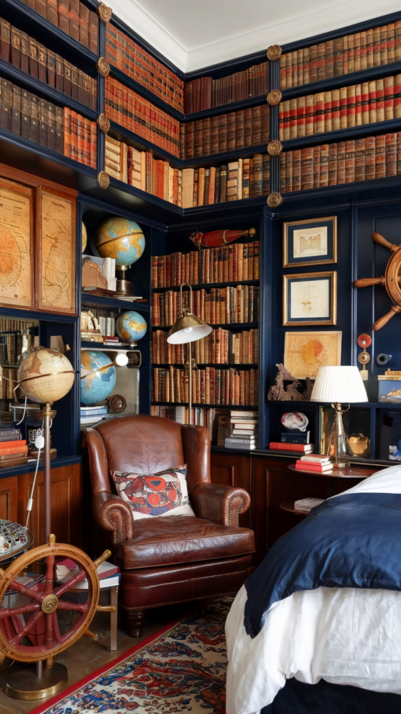 an eclectic maximalist bedroom with nautical 