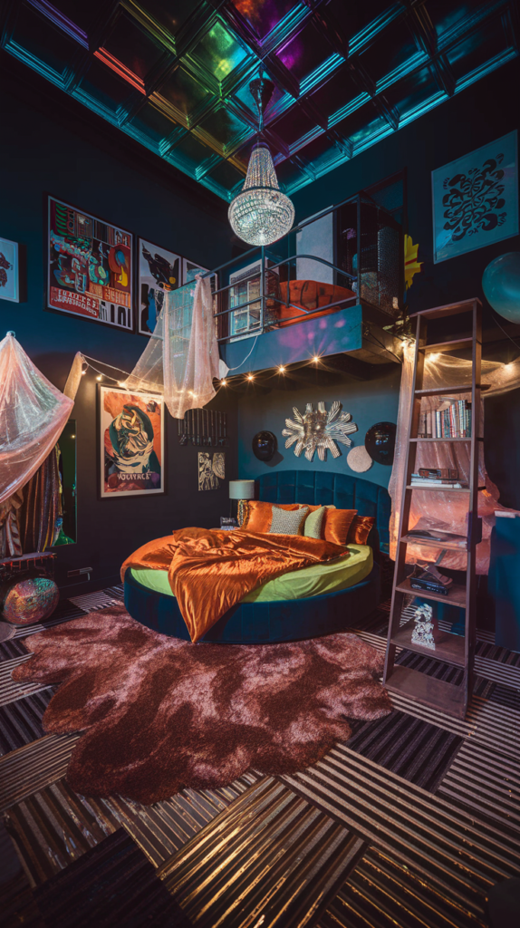 an eclectic maximalist bedroom with 70s and 80's infusion