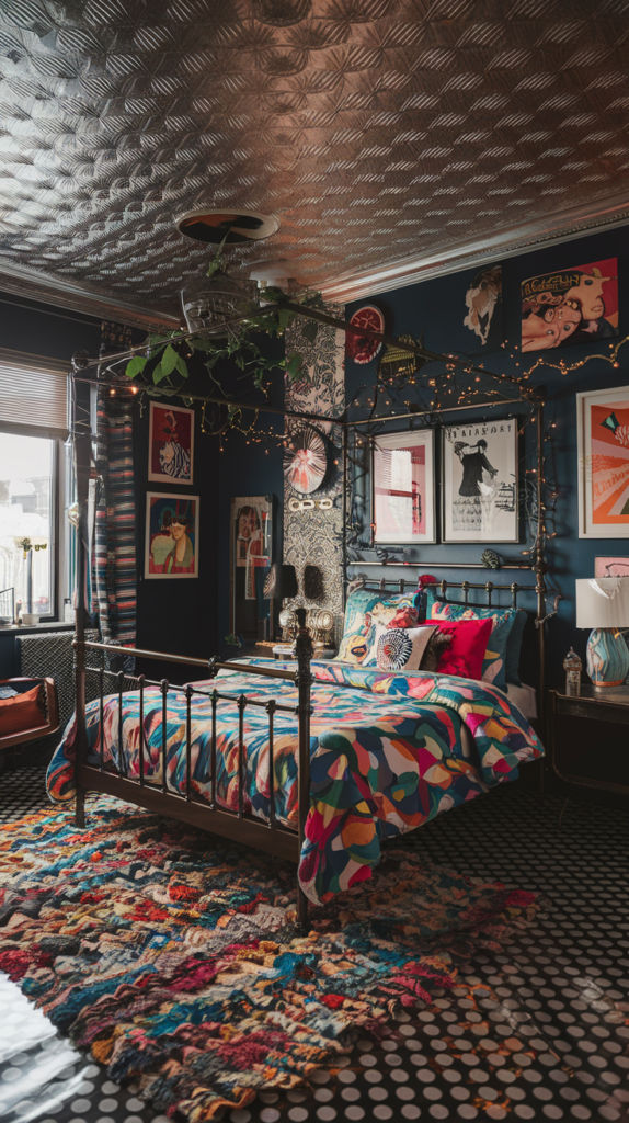 an eclectic maximalist bedroom with 70s and 80's infusion