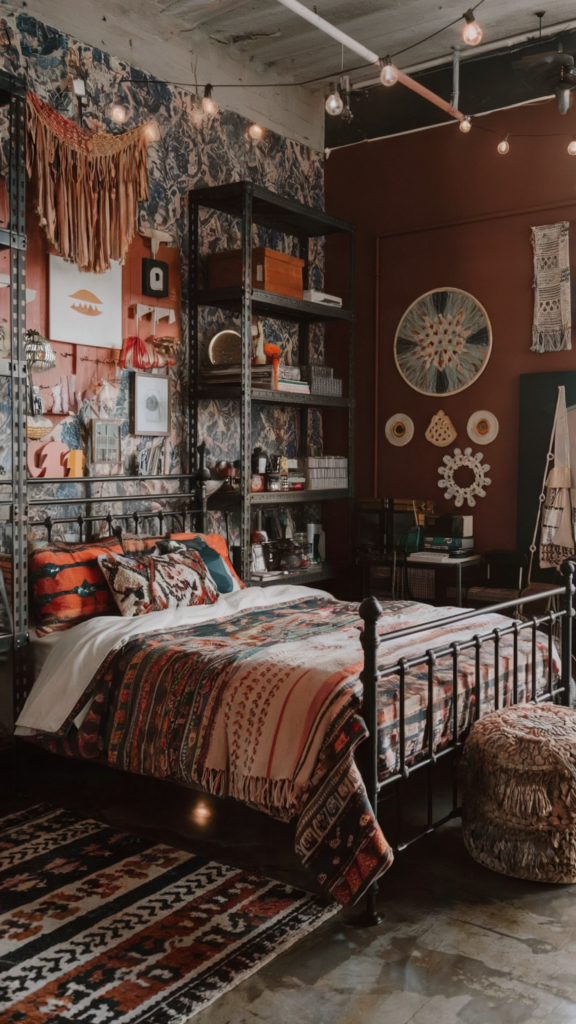 an eclectic maximalist bedroom with boho and industrial styles