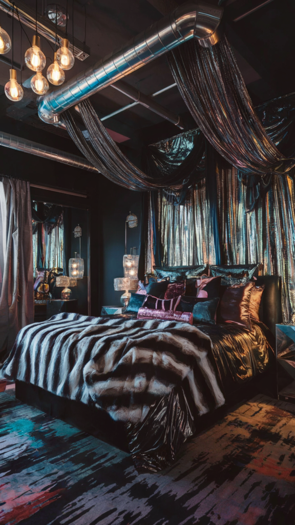 an eclectic maximalist bedroom with boho industrial 