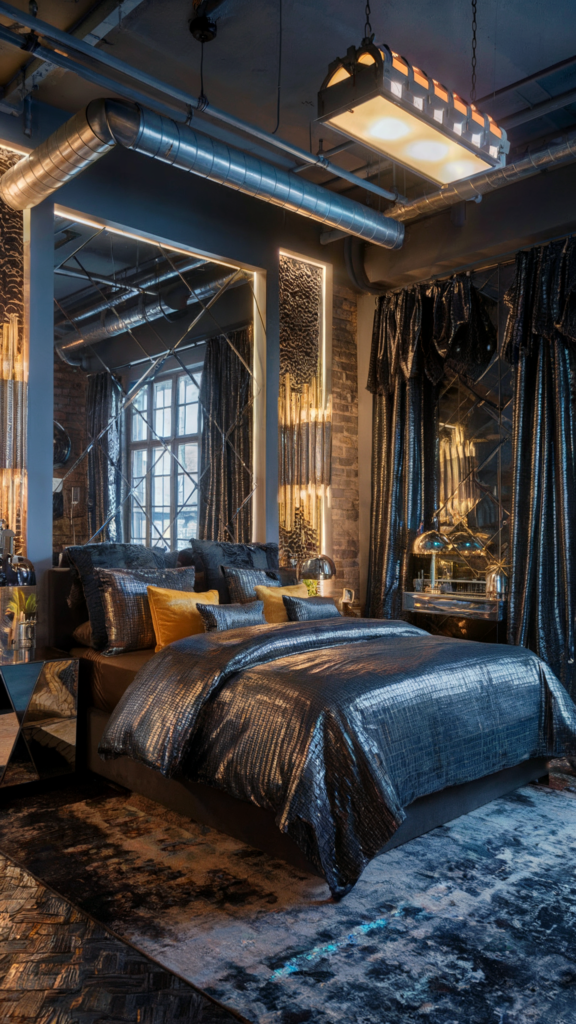 an eclectic maximalist bedroom with boho and industrial style