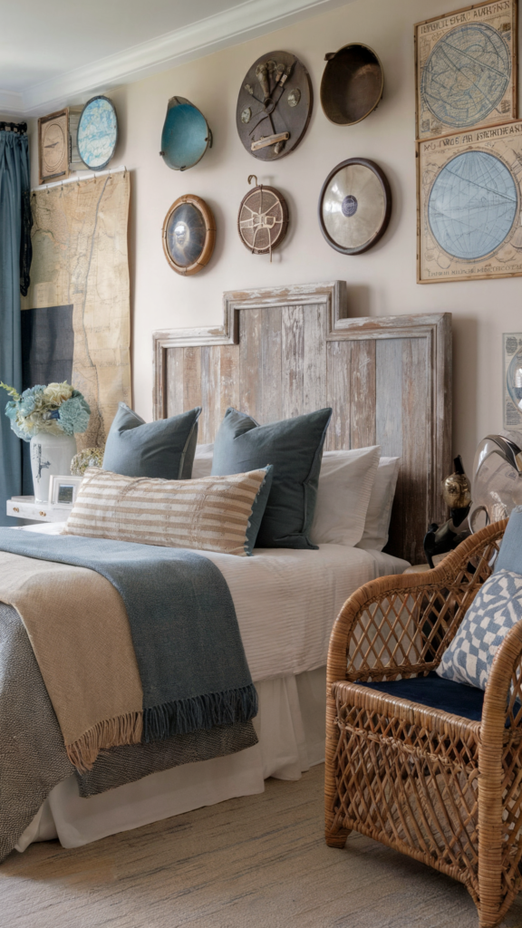 an eclectic maximalist bedroom with nautical and parisian styles