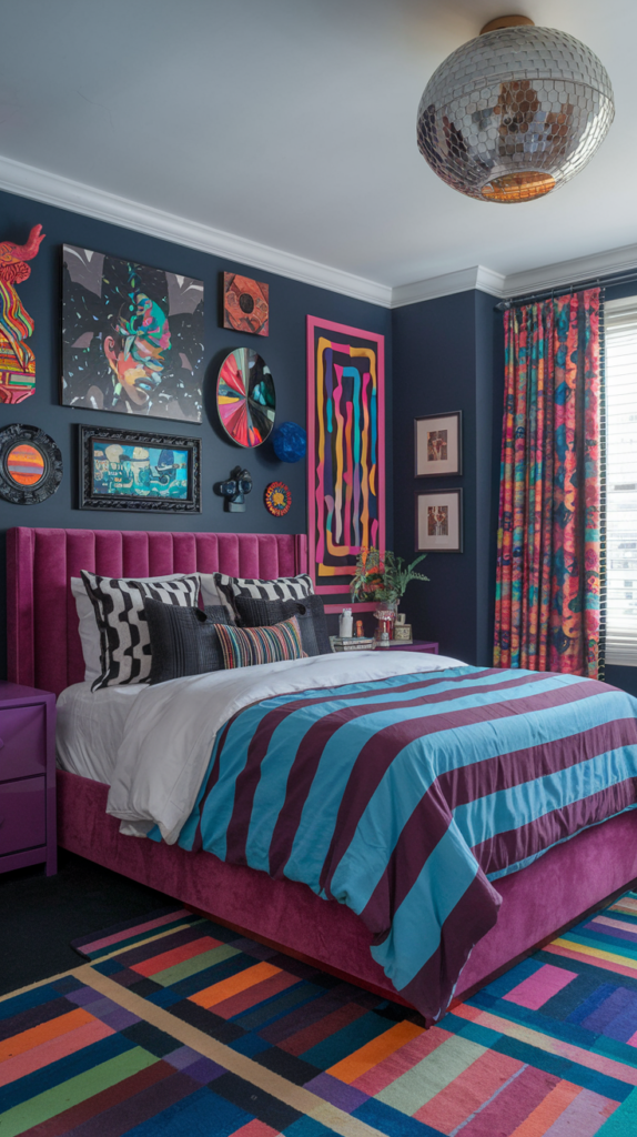 an eclectic maxmalist bedroom exudes fun