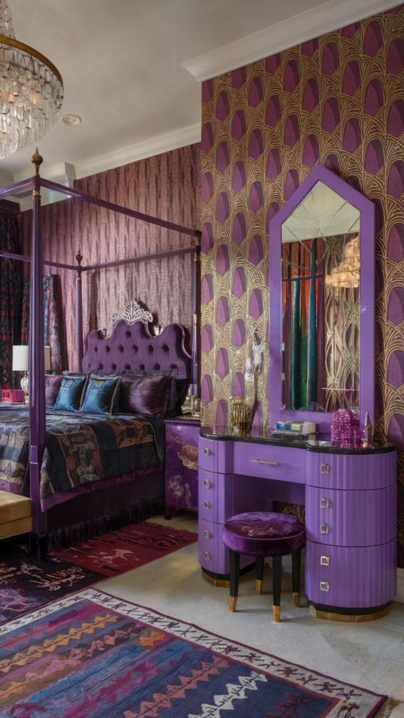 an eclectic maximalist bedroom with indian and art deco styles