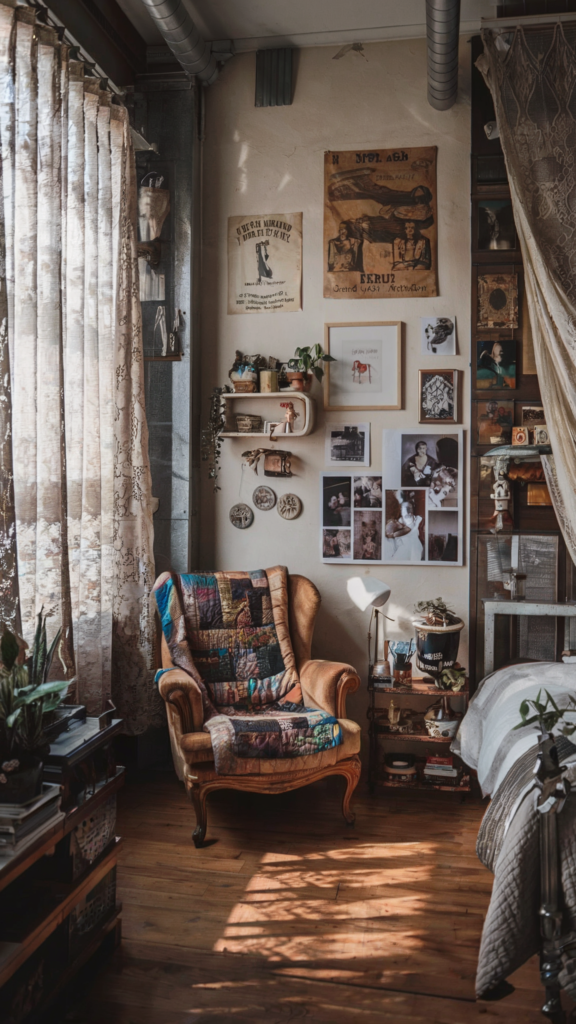 an eclectic maximalist bedroom with industrial boho styles