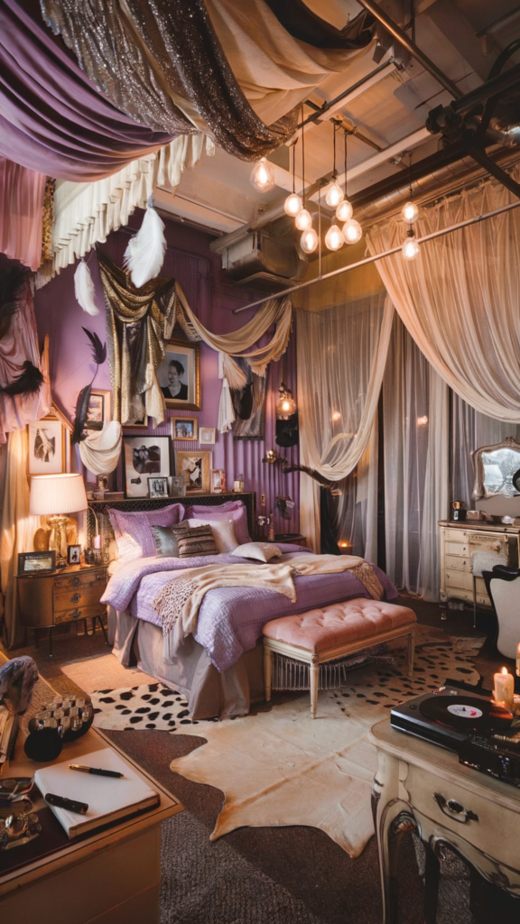 an electic maximalist bedroom with boho industrail