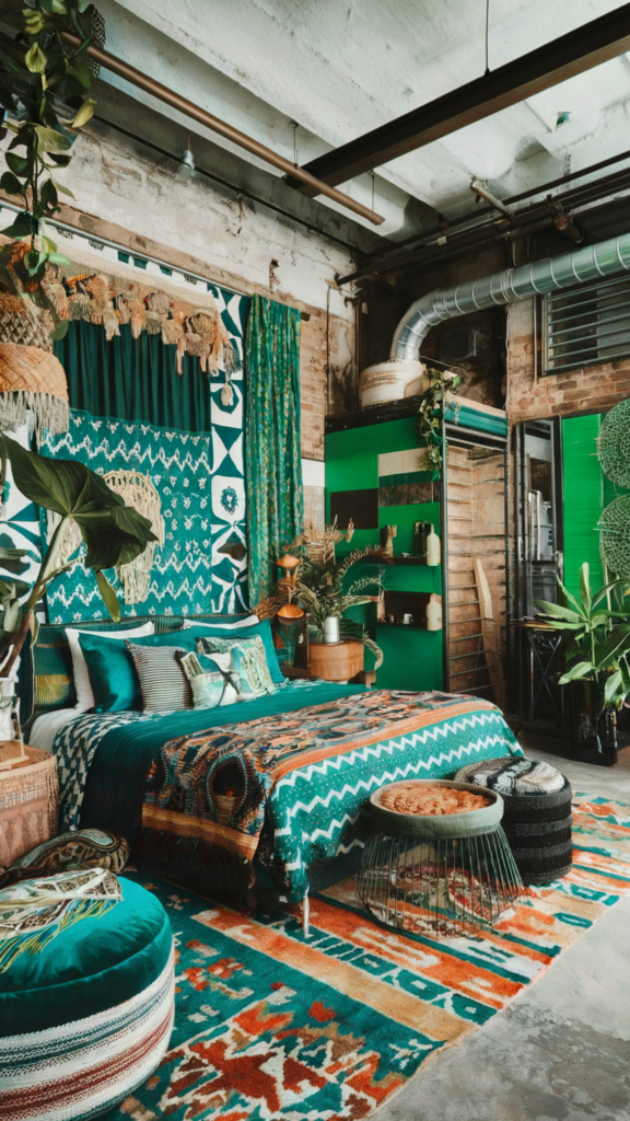 an eclectic maximalist bedroom with boho industrial