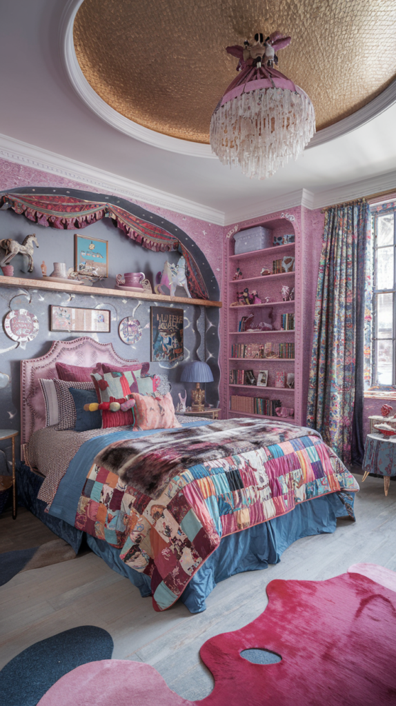 an eclectic maxmalist bedroom exudes fun