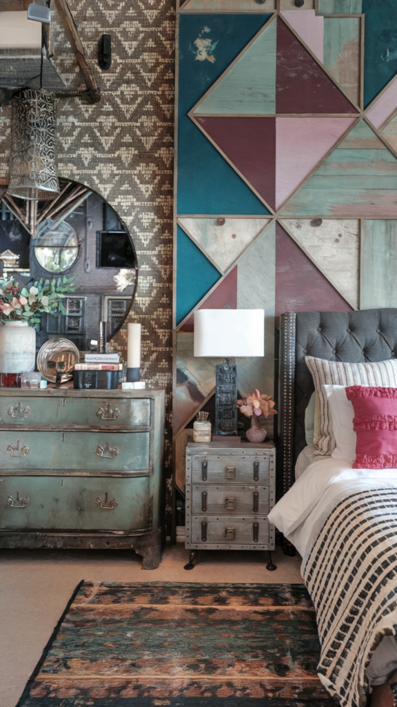 an eclectic maximalist bedroom with boho industrial styles