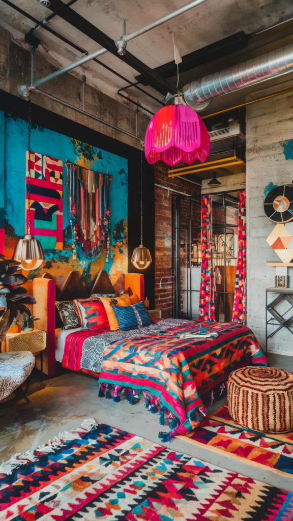 an eclectic maximalist bedroom with boho industrial styles