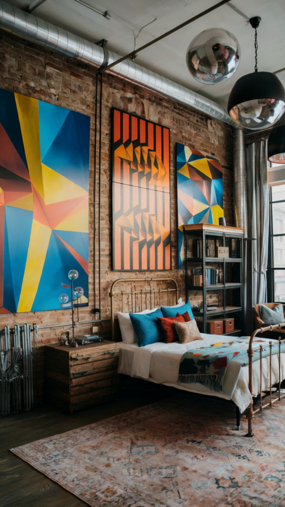 a an eclectic maximalist bedroom with boho industrial styles