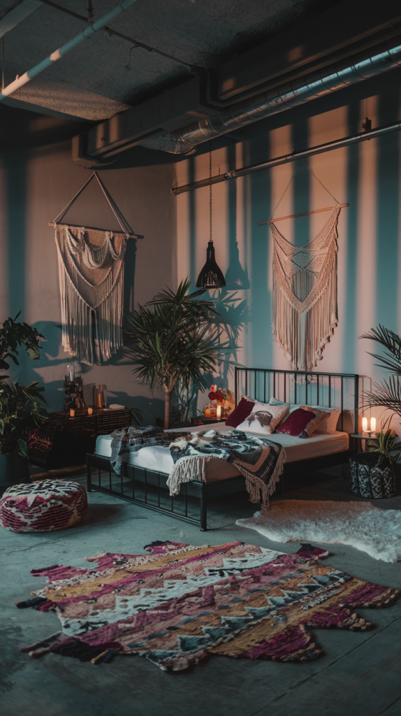 an eclectic maximalist bedroom with industrial and boho styles