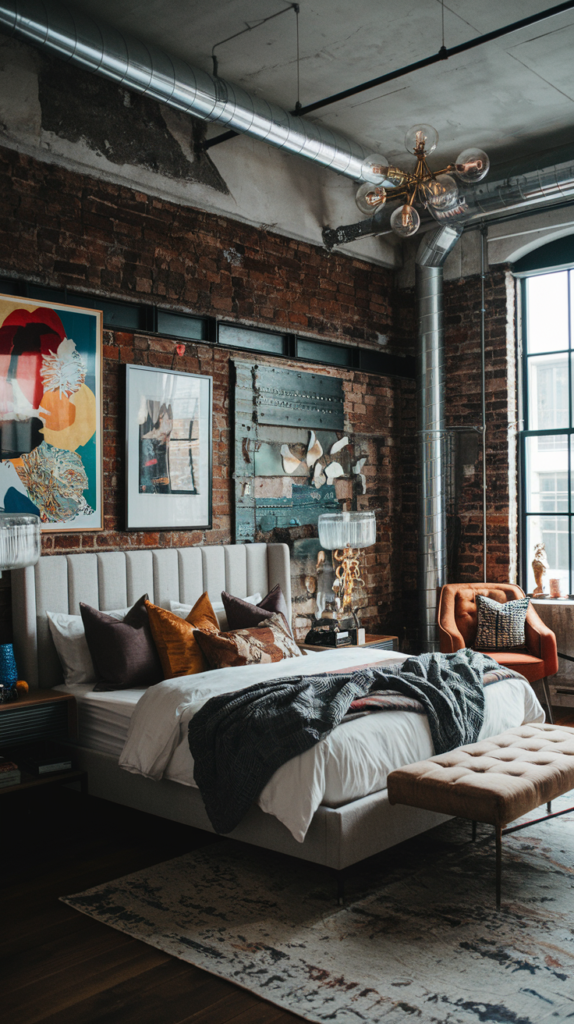 an eclectic maximalist bedroom with boho and industrial styles