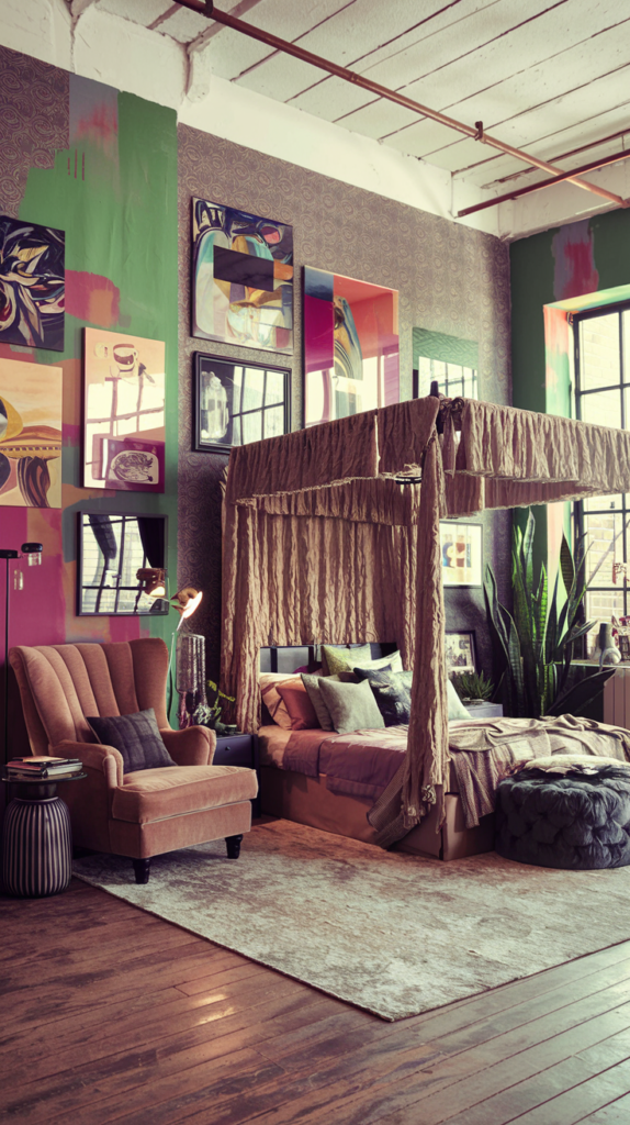 an eclectic maximalist bedroom with boho and industrial styles