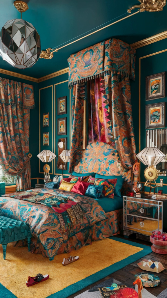 an eclectic maximalist bedroom with indian and art deco styles