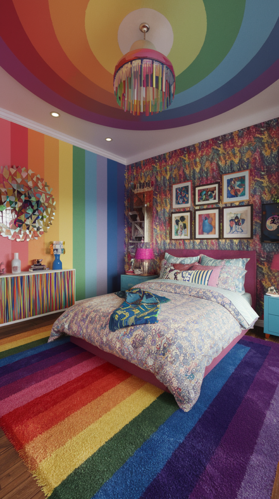 an eclectic maximalist bedroom that exudes fun