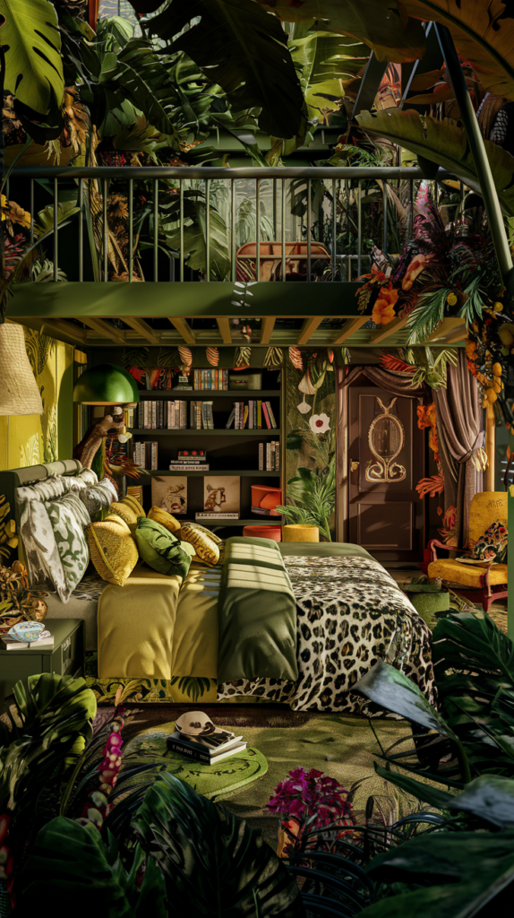 an eclectic maximalist bedroom with FUN as a theme