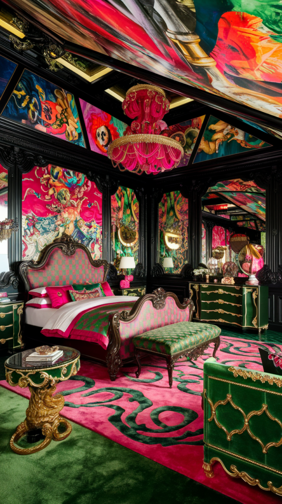 an eclectic maximalist bedroom gone Baroque