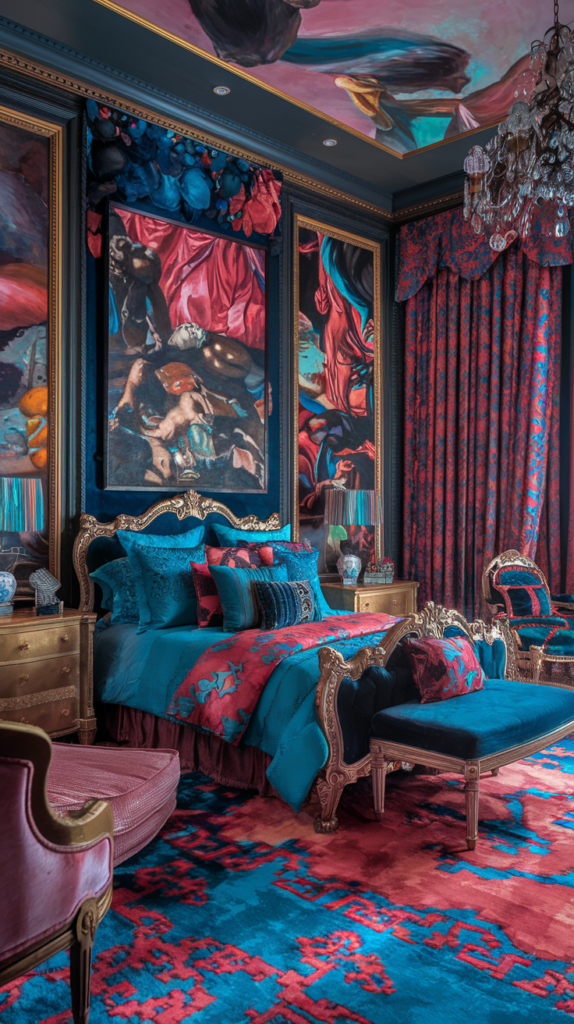 an eclectic maximalist bedroom gone Baroque