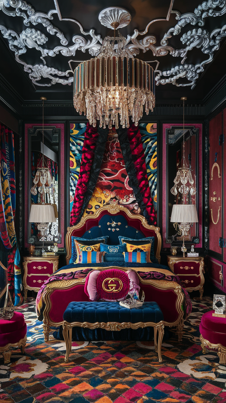 an eclectic maximalist bedroom gone Baroque