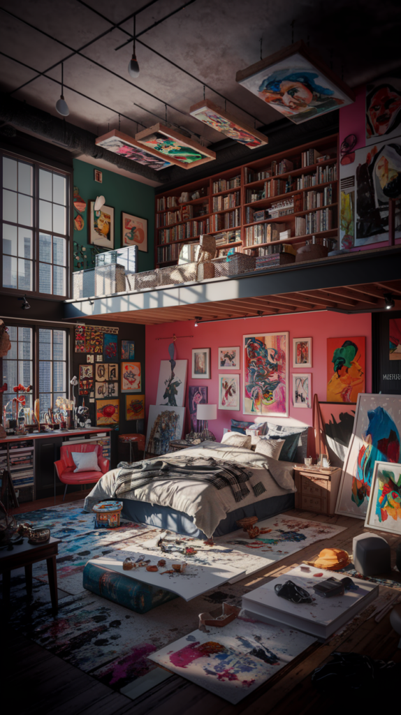 an eclectic maximalist bedroom with FUN as a theme