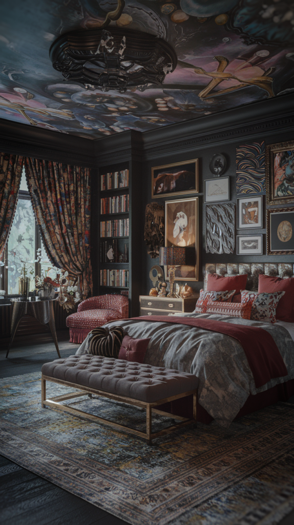 an eclectic maximalist bedroom with FUN as a theme