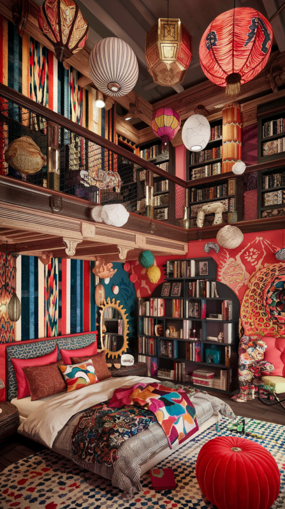 an eclectic maximalist bedroom with FUN as a theme