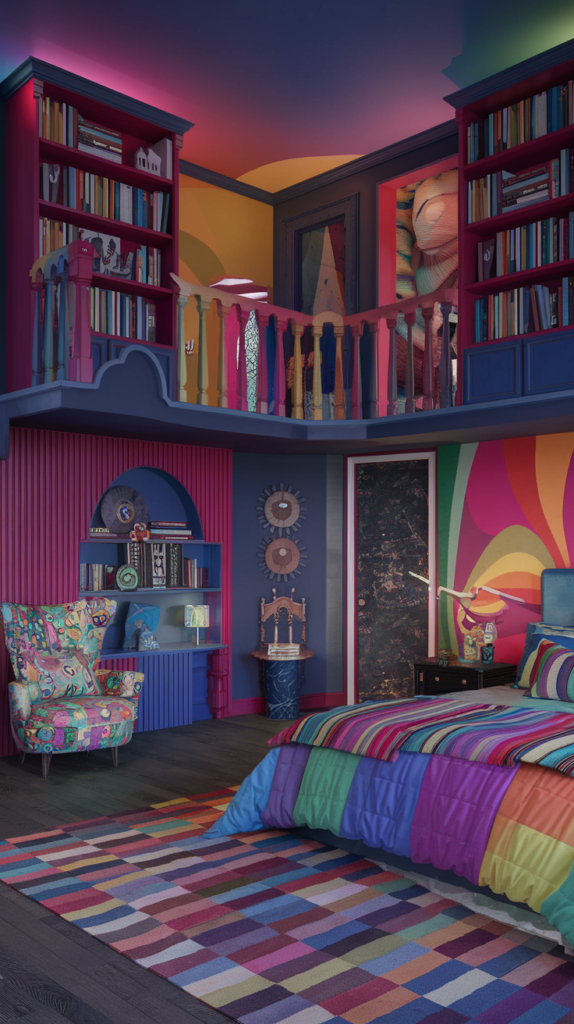 an eclectic maximalist bedroom with FUN as a theme