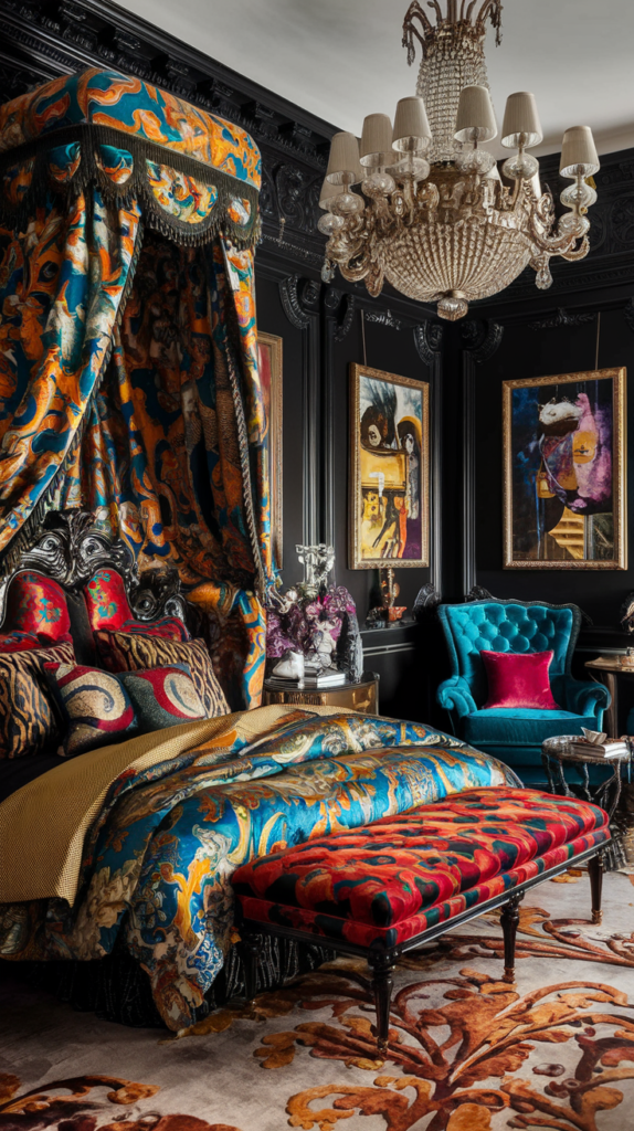 an eclectic maximalist bedroom gone Baroque