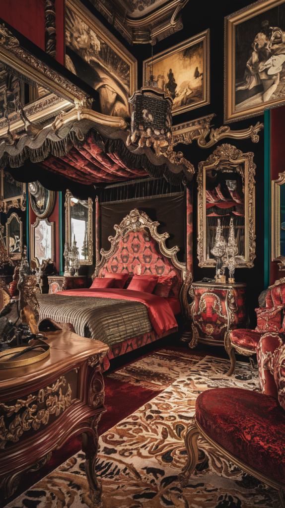 an eclectic maximalist bedroom gone Baroque