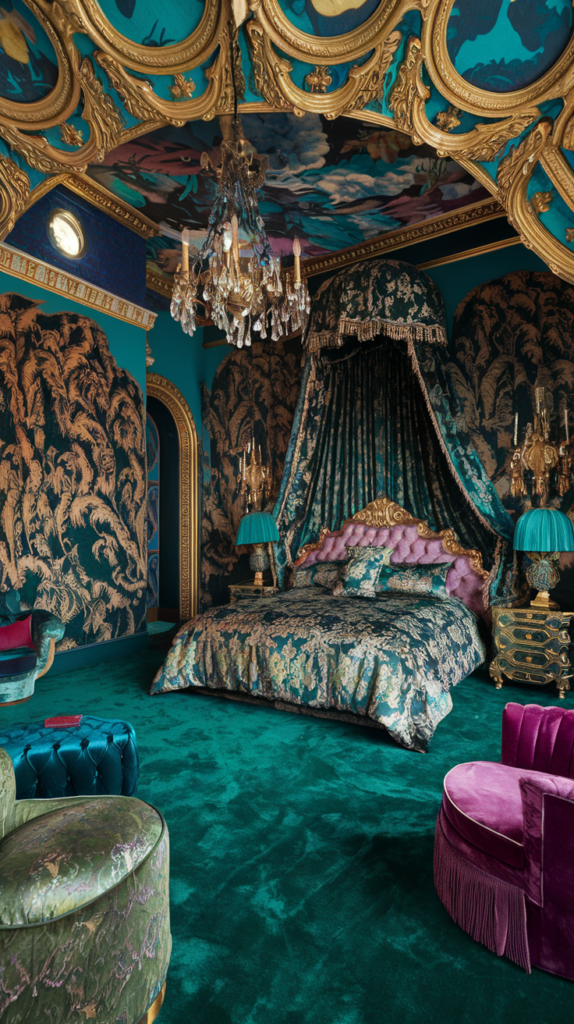 an eclectic maximalist bedroom gone Baroque