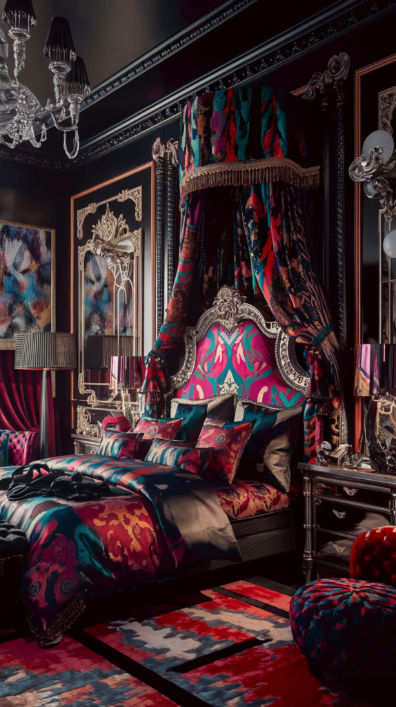 an eclectic maximalist bedroom gone Baroque