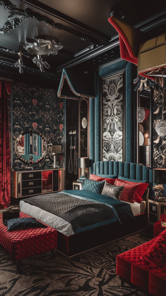 an eclectic maximalist bedroom gone Baroque