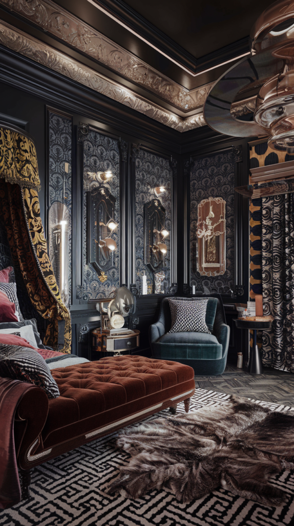 an eclectic maximalist bedroom gone Baroque