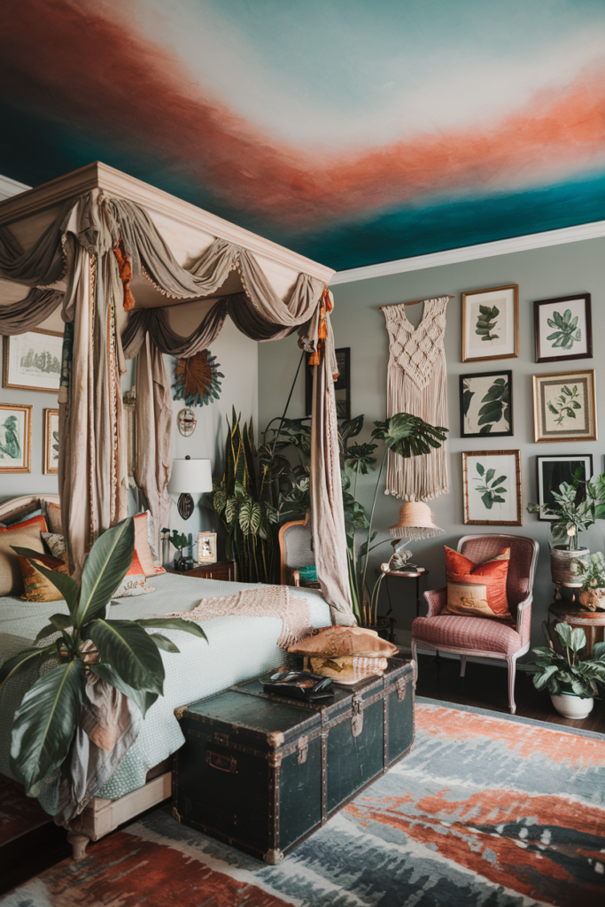 an eclectic maximalist bedroom with dark academia style