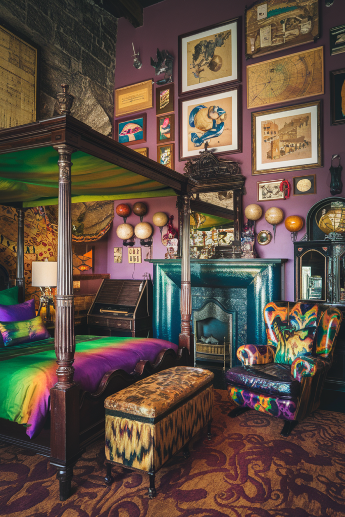 an eclectic maximalist bedroom with dark academia style