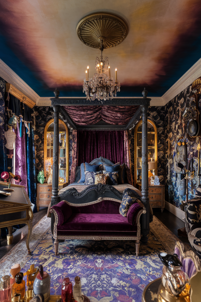 an eclectic maximalist bedroom with dark academia style