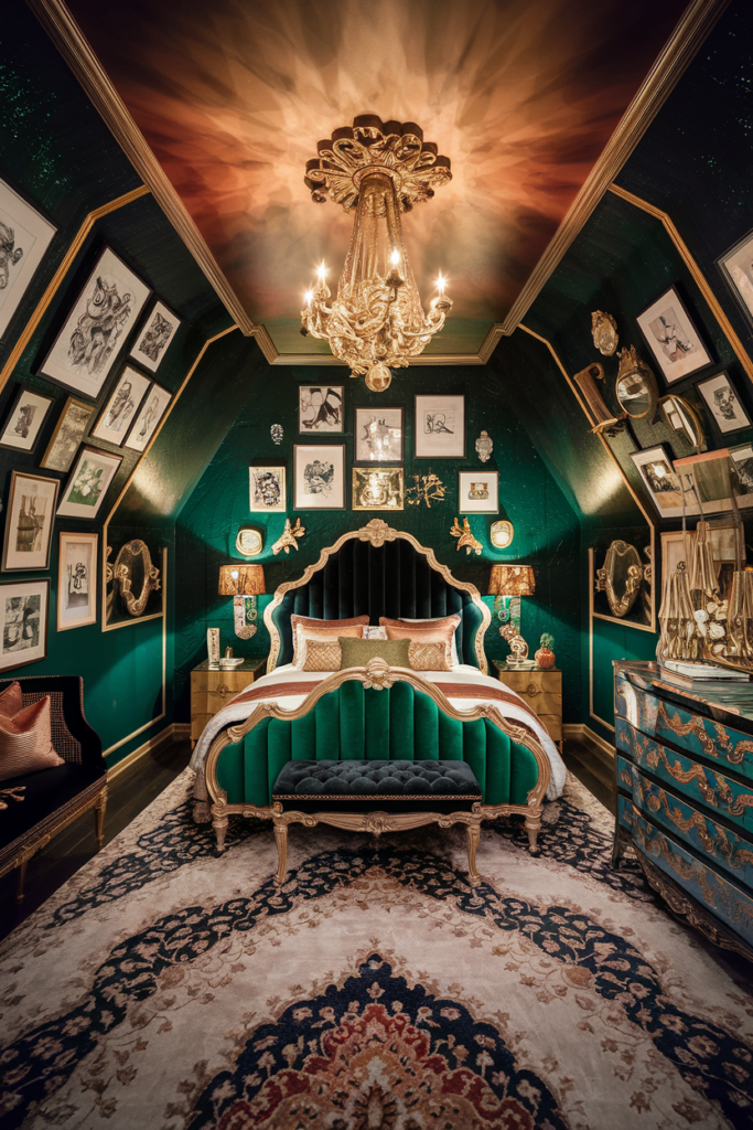 an eclectic maximalist bedroom with dark academia style