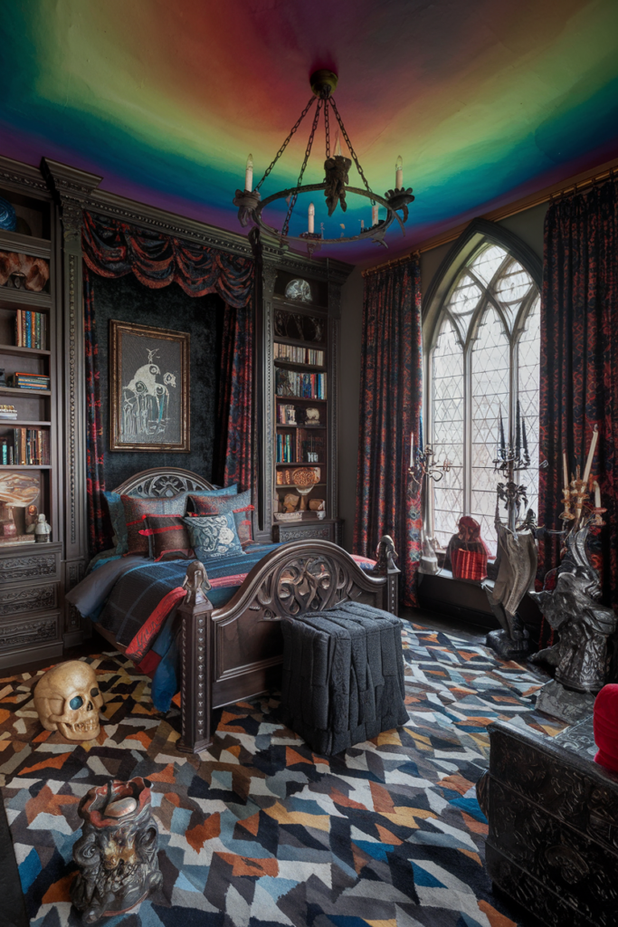 an eclectic maximalist bedroom with dark academia style