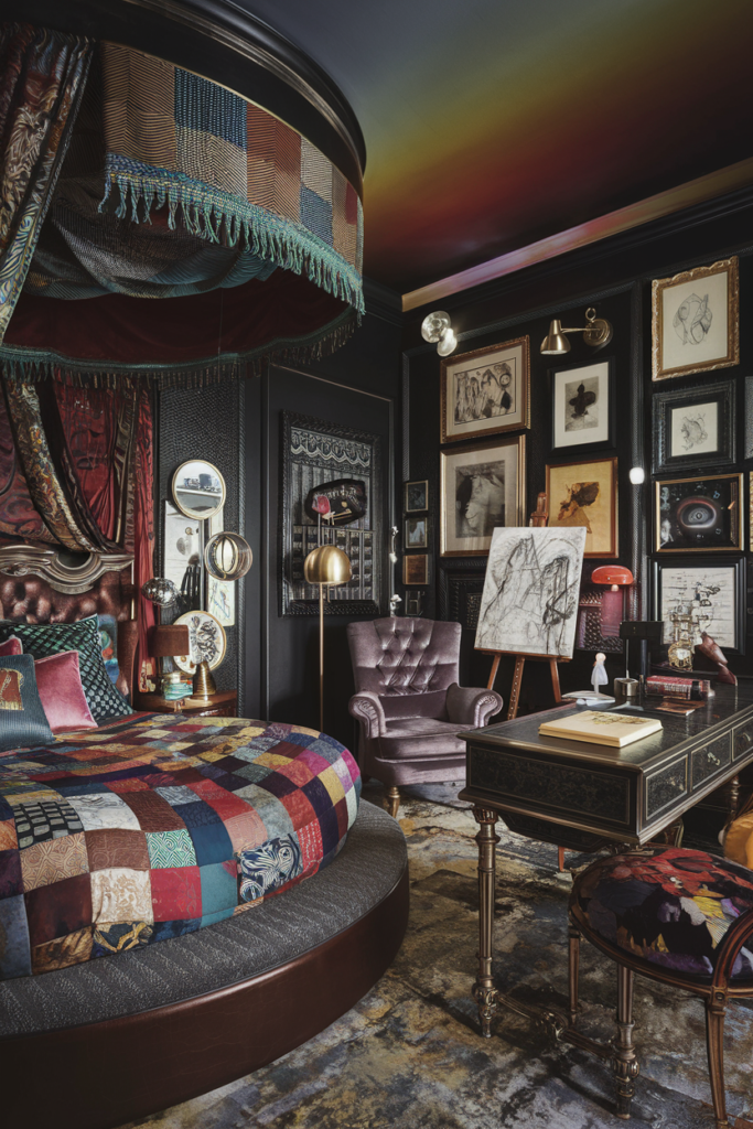 an eclectic maximalist bedroom with dark academia style