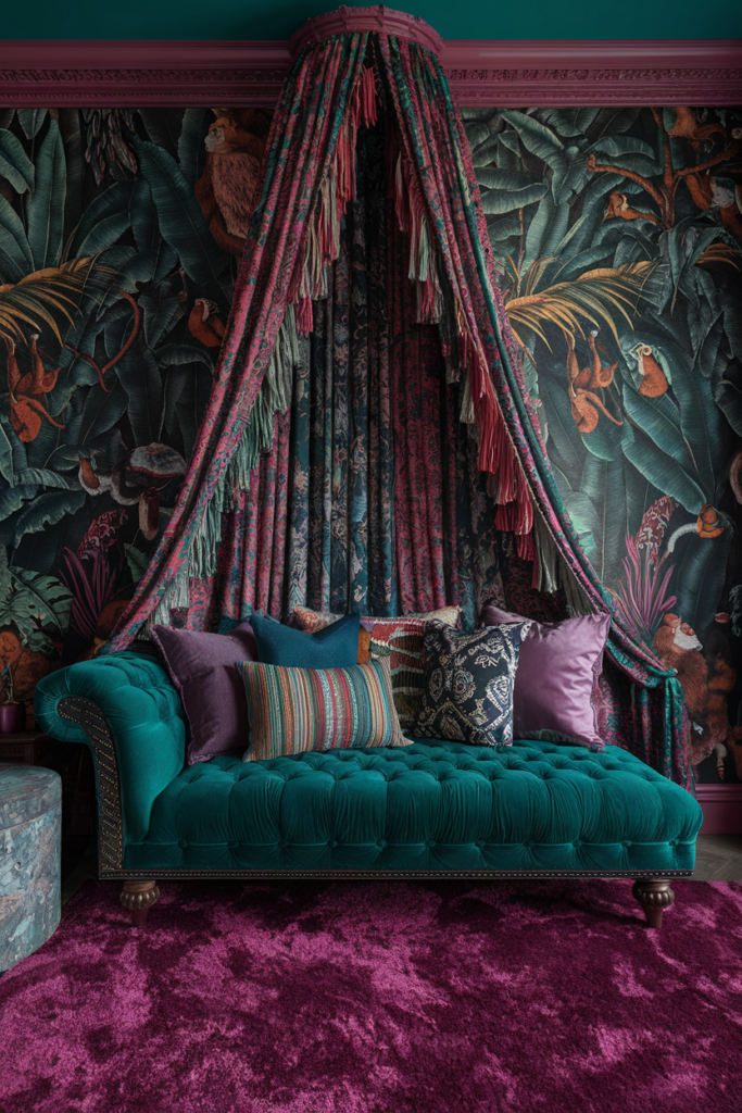 an eclectic maximalist bedroom