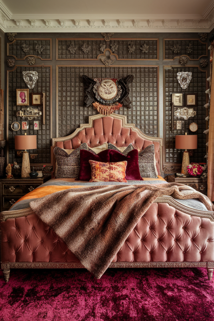 an eclectic maximalist bedroom