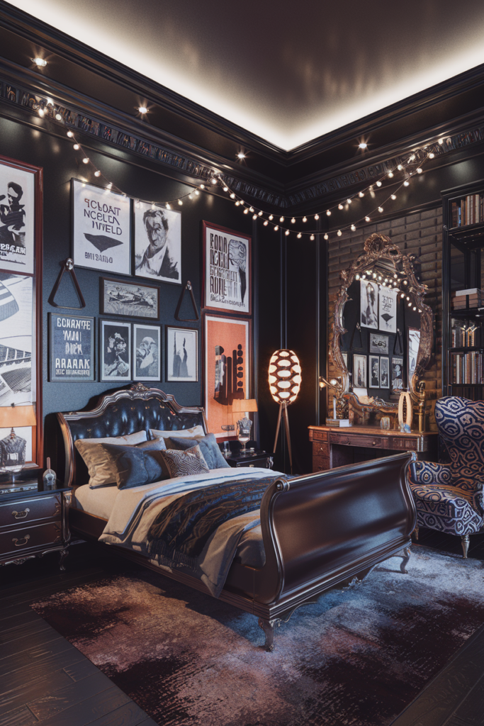 an eclectic maximalist bedroom with dark academia style