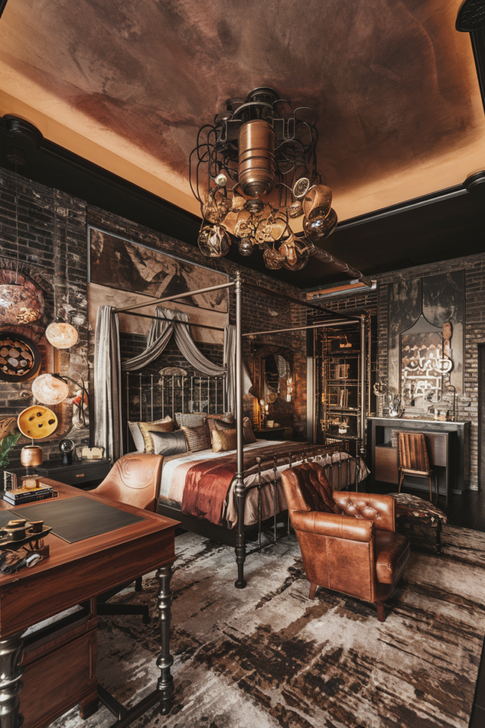 an eclectic maximalist bedroom with dark academia style