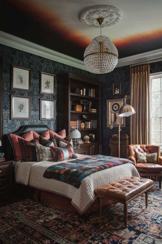 an eclectic maximalist bedroom with dark academia style