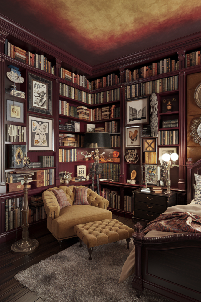 an eclectic maximalist bedroom with dark academia style